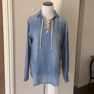 Cloth & Stone Ovwrsized Lycocell Top Flowy Comfy Tie Front Blue Medium